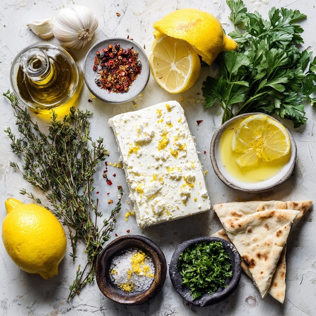 A rectangular block of white cheese sits in a clear rectangular glass container on a white marbled surface. In the second image, the same cheese block is covered with finely chopped green herbs scattered on top, with a drizzle of yellow olive oil surrounding it inside the container. Small bits of red pepper flakes and other seasonings are visible mixed with the herbs. Photo taken with an iphone --ar 4:5 --v 7