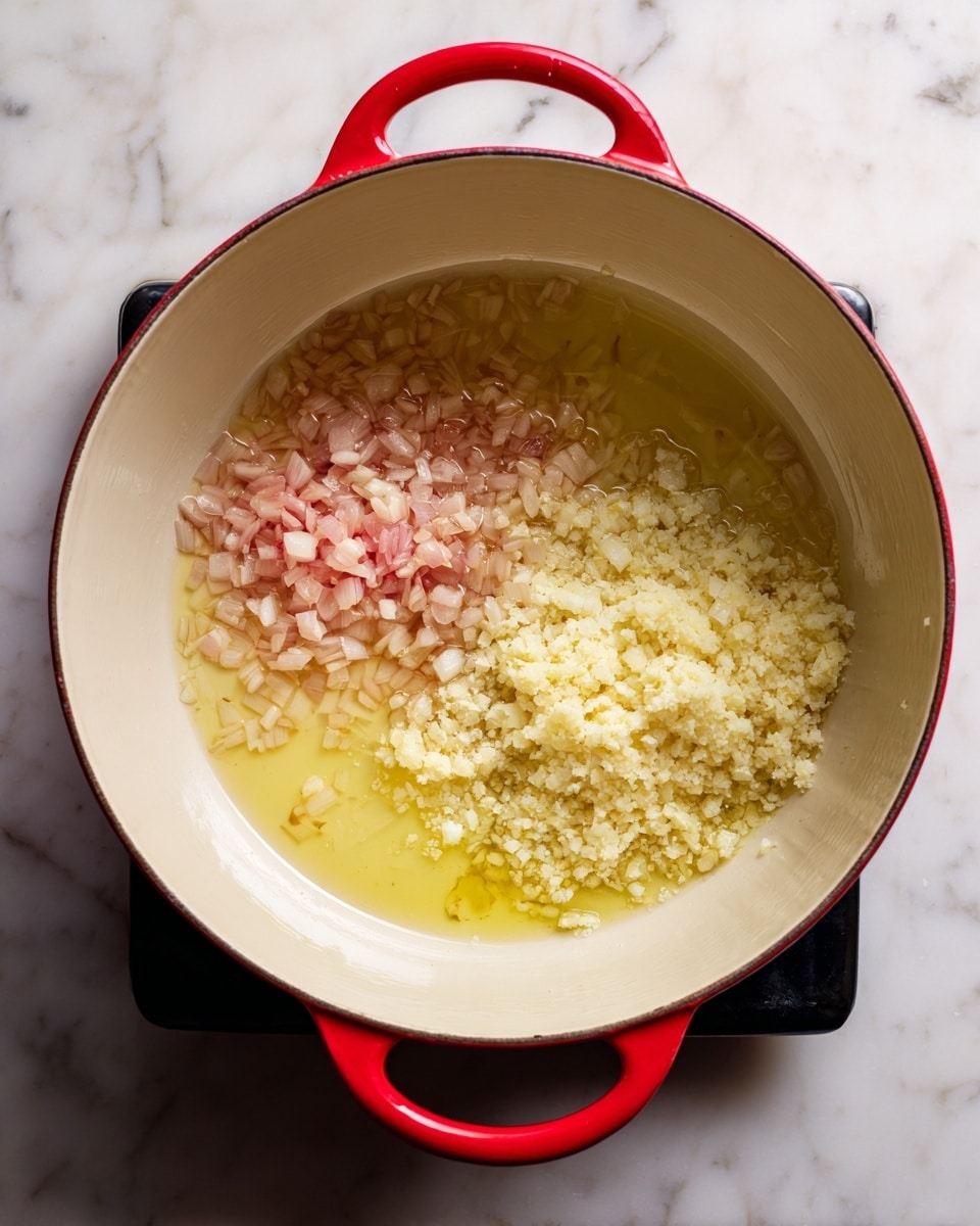 A red pot with a white inside sits on a black stove with a white marbled surface visible around it. Inside the pot are small, uneven pieces of light pink chopped shallots on one side and finely minced garlic of pale yellow color on the other side, both surrounded by a layer of clear cooking oil that fills the pot’s base. The shot is from above, showing the pot handles on the left and right in red color, with the pot's interior smooth and glossy. photo taken with an iphone --ar 4:5 --v 7