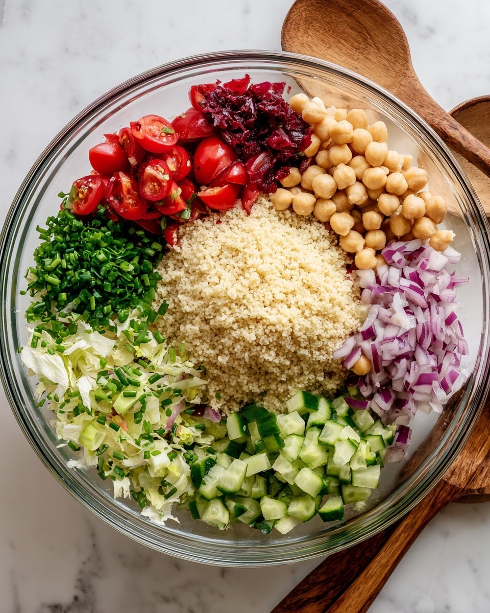 A clear glass bowl holds a colorful layered salad arranged in sections. At the center is a pile of small, round, pale beige couscous. Around it, there are bright red grape tomatoes, finely chopped green chives, and chopped light green cucumber cubes. Along the sides, there are dark green chopped herbs, a few light beige chickpeas, small slices of red onion, and shredded green lettuce. The bowl sits on a white marbled surface next to two wooden salad spoons. Photo taken with an iphone --ar 4:5 --v 7