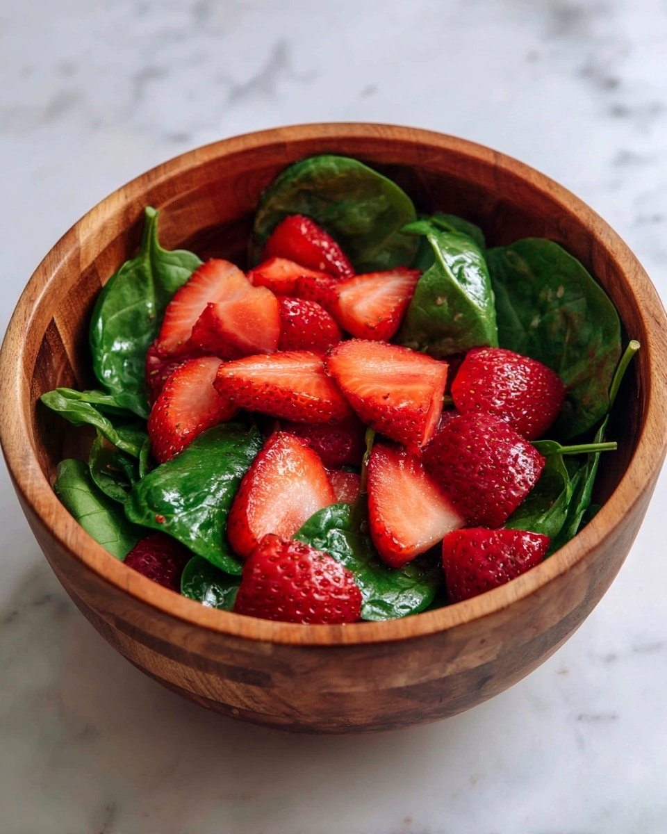 A wooden bowl filled with two layers: the bottom layer is bright green spinach leaves, fresh and slightly curled, while the top layer has vibrant red strawberry slices spread evenly. The bowl sits on a white marbled surface, giving a clean and fresh look. photo taken with an iphone --ar 4:5 --v 7