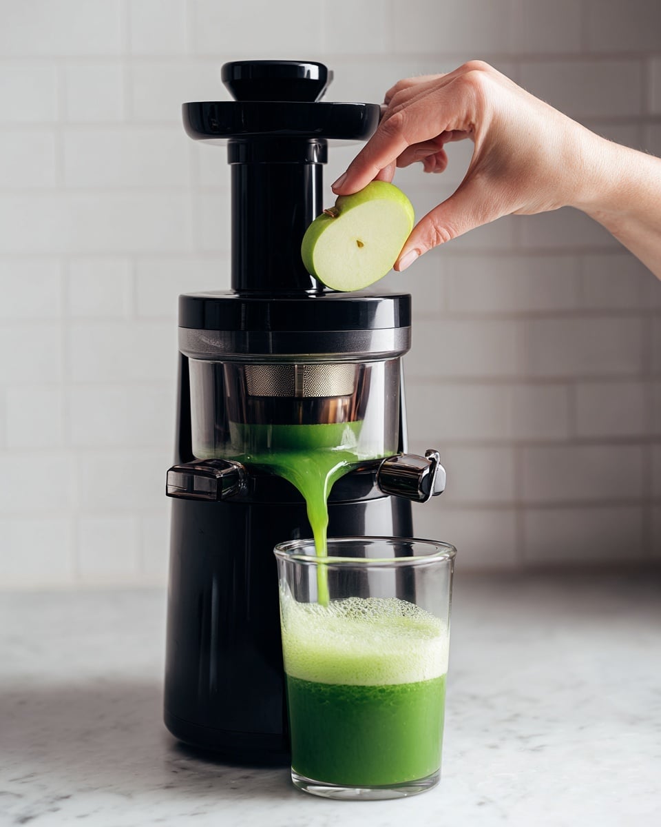 The image shows three clear glasses filled with bright green juice placed on a white marbled surface. The tallest glass is in the back left, filled to the top with a smooth, foamy layer on the surface. In front of it to the right is a shorter, wider glass, also with the same green juice and foam at the top. On the far right is another glass, similar in size to the middle one, also filled with green juice. In front of the glasses are fresh ginger slices, a curling lemon peel, and a small lemon wedge to the right. Green kale leaves are scattered near the cutting board which the middle and right glasses sit on. The background is white tile. Photo taken with an iphone --ar 4:5 --v 7