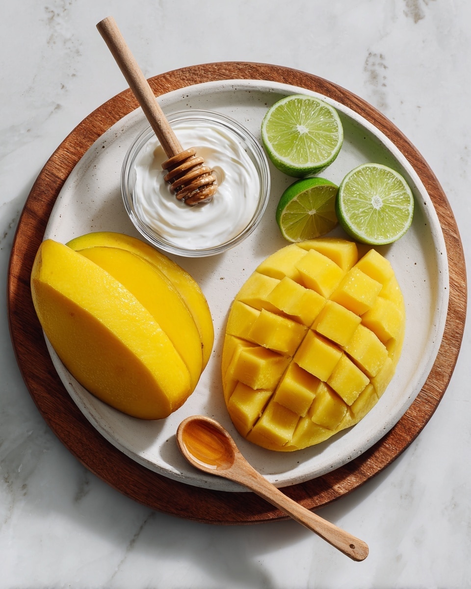 A round white plate with a wooden section on the top right holds two halves of a bright yellow mango, one half smooth and whole, the other half cut into cube shapes. On the plate, there is a small wooden spoon with white coconut oil, a wooden honey dipper with honey, two green lime halves with visible juice sacs, and a small clear glass bowl filled with white coconut cream. The plate is placed on a white marbled surface. Photo taken with an iphone --ar 4:5 --v 7