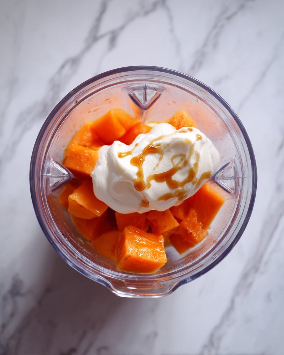 A clear blender is shown from above with three visible layers inside: the bottom layer is bright orange chunks of fruit, the middle layer is a white creamy dollop on top of the fruit, and the top layer is a small drizzle of light amber syrup covering part of the cream. The blender sits on a white marbled surface. photo taken with an iphone --ar 4:5 --v 7