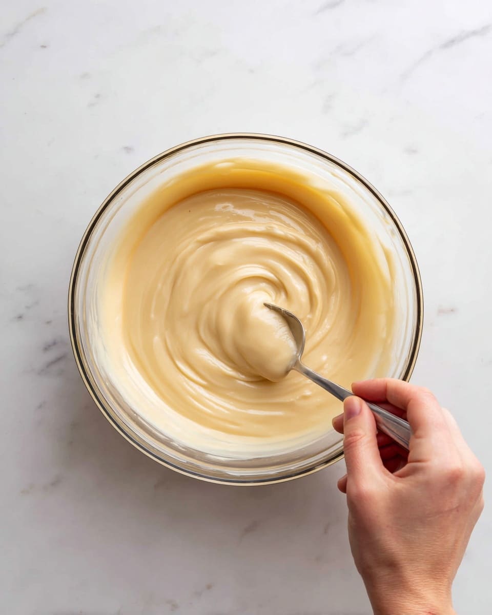 A clear glass bowl filled with a smooth, creamy mixture of light beige color, being stirred by a woman's hand holding a spoon. The mixture has a thick texture, swirling gently as it moves inside the bowl. The bowl sits on a white marbled surface that adds a clean and bright background to the image. photo taken with an iphone --ar 4:5 --v 7