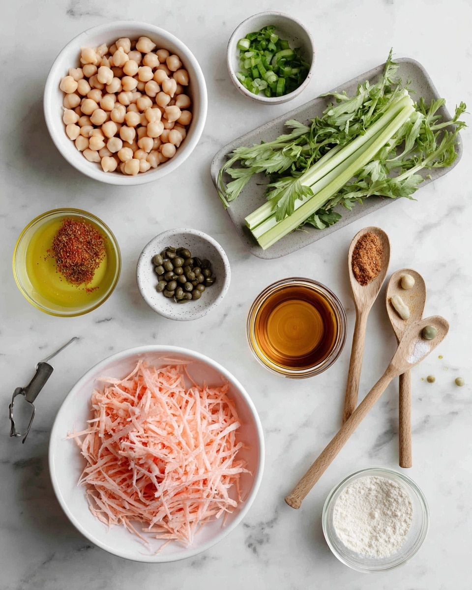 The image shows various ingredients neatly arranged on a white marbled surface. In the center, there is a white bowl filled with light pink shredded pieces. To the left of it, there is a small white bowl full of beige round chickpeas. Above that, a bundle of green leafy herbs lies flat. On the right side of the shredded bowl, there is a fresh green celery stalk. Above the celery, a small white cup contains chopped green pieces. Near the center top, a gray tray holds three wooden spoons with different ingredients: green capers, a reddish spice, and a beige creamy paste. Surrounding these main items are small glass bowls with light yellow oil, clear liquid, a dark amber liquid, and a measuring cup with off-white powder. The overall look shows fresh, whole, and raw ingredients on a clean white marbled surface. Photo taken with an iphone --ar 4:5 --v 7
