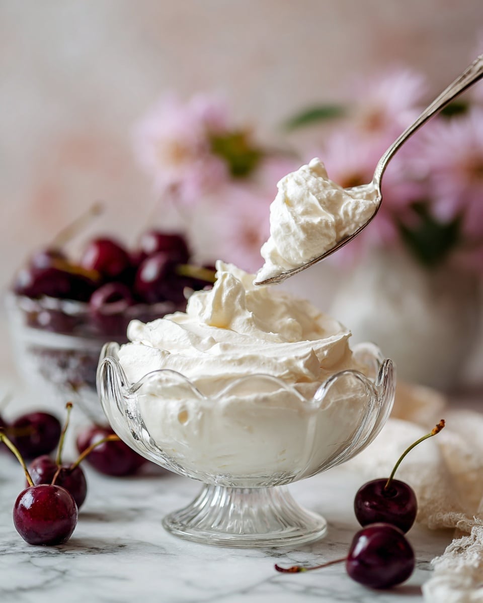 A clear, glass dessert bowl with a scalloped edge filled with one thick layer of soft, white whipped cream with a smooth but slightly textured surface. A vintage silver spoon lifts a generous dollop of the creamy topping. In the blurred background, there are soft pink flowers and a glass bowl with dark red cherries, all placed on a white marbled surface. Photo taken with an iphone --ar 4:5 --v 7