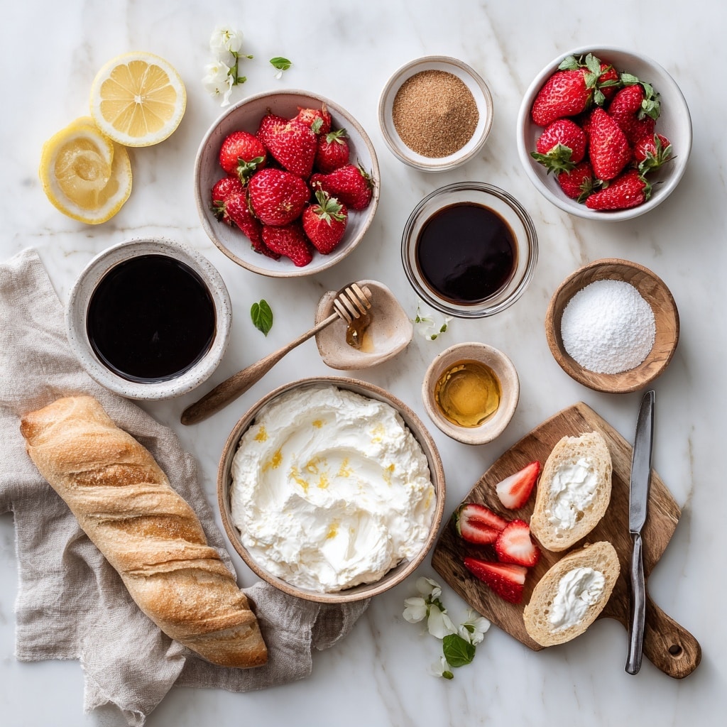 The image shows a preparation process in four parts: first, several slices of golden-brown crusty bread with soft white inside are lined up diagonally on a wooden board with a serrated knife beside them; second, fresh, bright red strawberries with green tops, some whole and some sliced, are placed on a wooden board with a knife slicing one berry horizontally; third, small diced strawberries on a white paper towel inside a glass bowl, showing vibrant red colors and fresh texture; fourth, a small black pot on a stove holds dark, bubbling syrup with a shiny surface. The background is a white marbled texture photo taken with an iphone --ar 4:5 --v 7