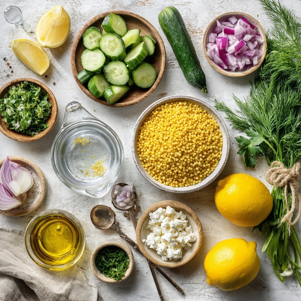 The image is divided into four parts showing food preparation steps. The first part shows yellow small round pasta cooking in a deep black pot with a wooden spoon inside, sitting on a stove with a white marbled background. The second part shows chopped green dill on a wooden board with a large knife next to it. The third part shows chopped green parsley on a wooden board with a white handled knife lying on it, with more parsley in the background. The fourth part shows cucumber slices and cubes on a wooden board with a silver knife next to them. photo taken with an iphone --ar 4:5 --v 7