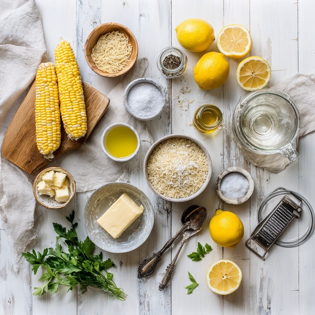 The image shows four separate close-up shots of cooking steps on a white marbled background. The first frame shows a woman's hand holding a cob of corn vertically as it is sliced with a knife, revealing glossy, pale yellow corn kernels. The second frame displays a wooden board with a pile of finely grated yellow lemon zest next to a metal grater and a partially peeled lemon on the right. The third frame has golden-yellow corn kernels being stirred in a black frying pan with a black spatula, the kernels look shiny and slightly cooked. The fourth frame shows a pot filled with light golden orzo pasta being stirred with a wooden spoon, the noodles appear soft and cooked in water. photo taken with an iphone --ar 4:5 --v 7