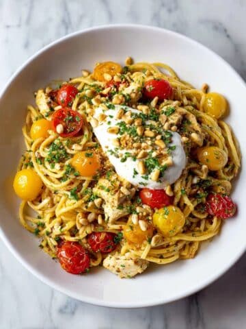 Chicken Spaghetti with Burrata and Lemon Butter Garlic Sauce Recipe