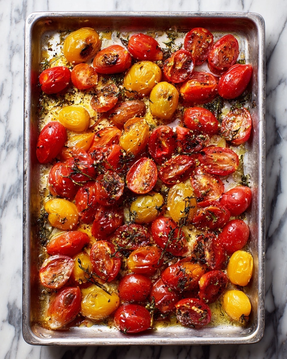 The image shows a silver baking tray filled with roasted cherry tomatoes, both red and yellow. The tomatoes are spread unevenly across the tray, some whole and some sliced in halves. The tomatoes have a slightly wrinkled and juicy texture, with some pieces showing charred black spots from roasting. Small bits of herbs or seasoning are sprinkled over the tomatoes, adding extra texture and color contrast. The tray is placed on a white marbled surface. photo taken with an iphone --ar 4:5 --v 7