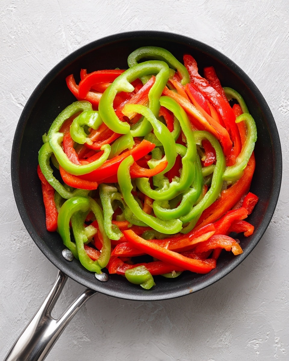 A round black frying pan filled with two layers of sliced bell peppers sits on a white marbled textured surface. The upper layer consists of bright green bell pepper rings with smooth, curved edges, some showing a slight yellow tint. The lower layer features red bell pepper slices that are vibrant and glossy, with a crisp texture and slightly uneven shapes. The pan handle extends to the left, and the overall image shows a clear contrast between the bright peppers and dark pan against the light background. Photo taken with an iphone --ar 4:5 --v 7