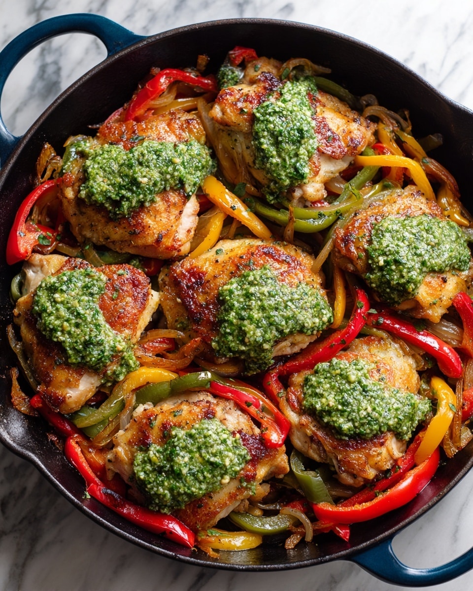 A black skillet with a blue handle is filled with five pieces of cooked chicken, each topped with a thick green pesto sauce. Beneath the chicken, there are layers of cooked red and green bell pepper slices, spread evenly across the pan. The chicken pieces are golden brown and placed evenly over the colorful peppers. The skillet sits on a white marbled surface. photo taken with an iphone --ar 4:5 --v 7