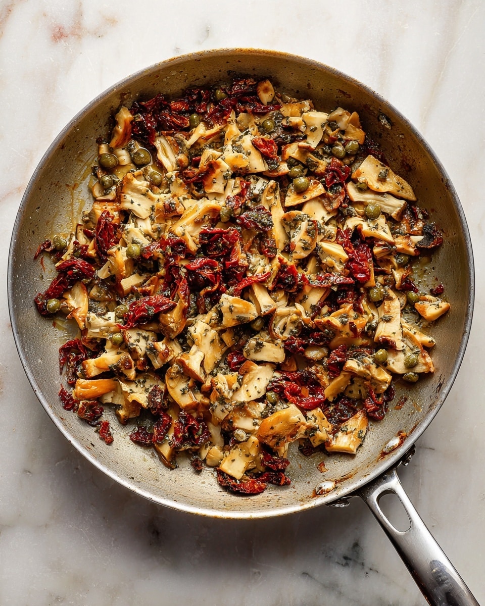 This image shows a metal pan on a white marbled surface filled with cooked ingredients. The pan contains pieces of cooked mushrooms in light brown and beige colors, mixed with small dark green capers and chunks of deep red sun-dried tomatoes. The texture looks soft and slightly oily, with some bits sticking to the pan's surface. The pan handle is visible on the right side. photo taken with an iphone --ar 4:5 --v 7