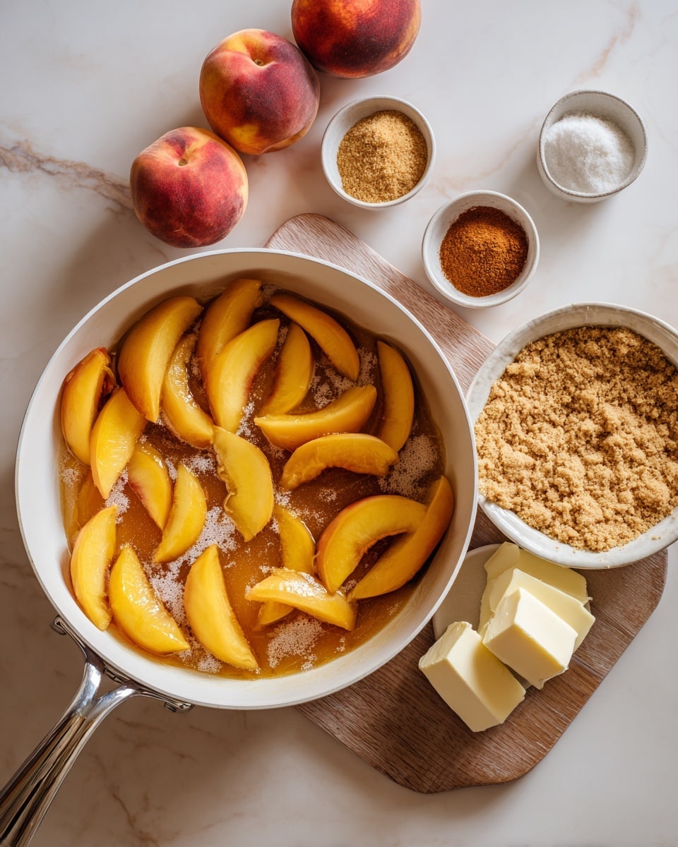 The image shows two parts of a peach dessert preparation. On the left side, inside a white pan with a silver handle, there are peach slices arranged at the bottom, topped with layers of brown sugar and ground spices. The peaches are golden yellow with some reddish skin visible. On the right side, a white round baking pan contains a layer of crushed biscuits as a base, with three pieces of butter on top. The pan is set on a wooden surface which should be imagined as a white marbled texture. Around the pans, whole peaches and small bowls of spices add to the scene. Photo taken with an iphone --ar 4:5 --v 7
