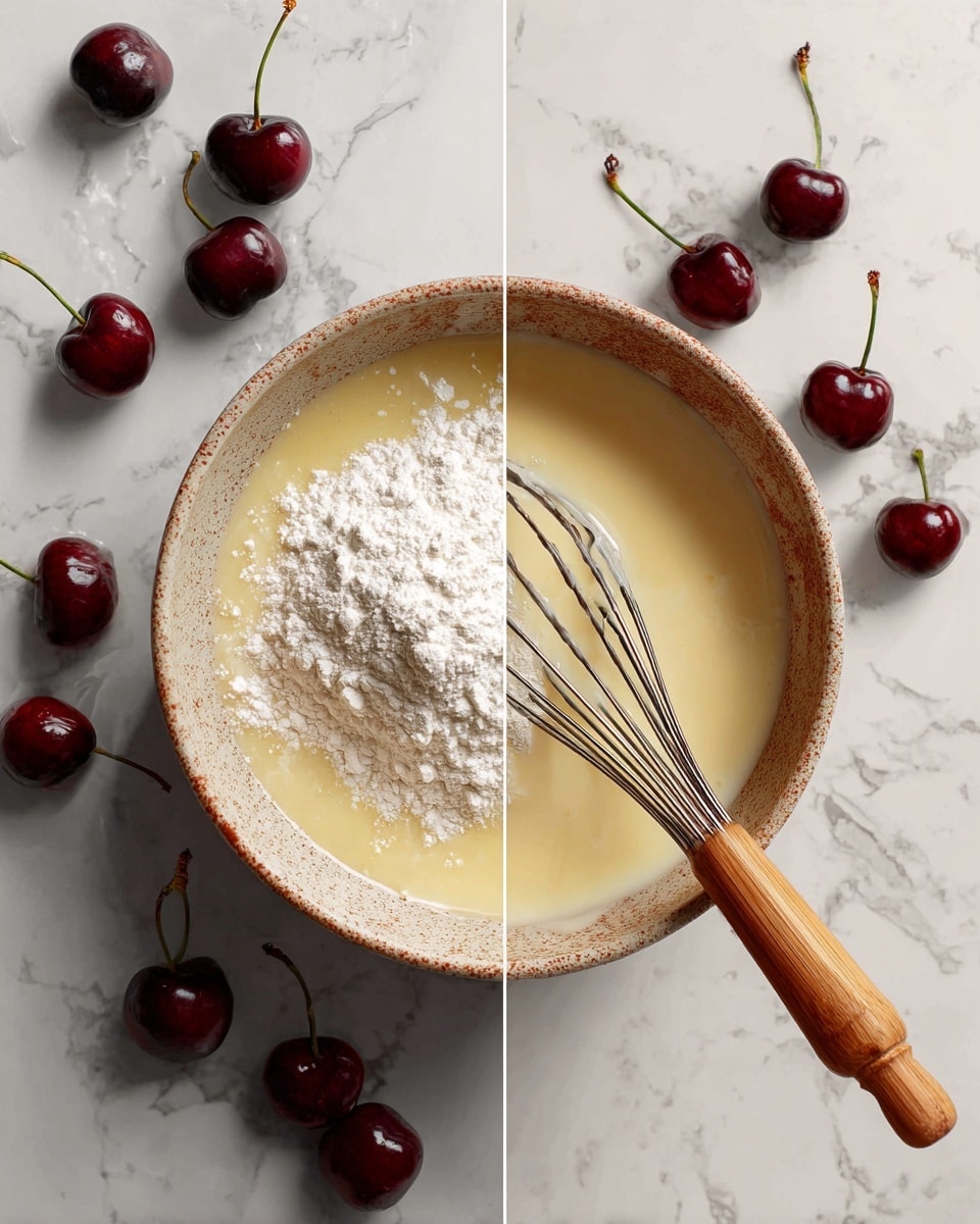 The image is a side-by-side photo of a mixing bowl with a wooden-handled whisk inside on a white marbled surface. In the left part, the bowl holds a light yellow liquid mixture with a mound of white flour on top, and dark red cherries with stems are scattered around. In the right part, the same bowl shows the mixture with the whisk, now blended smoothly, with some white flour streaks still visible, and the cherries remain around the bowl. Photo taken with an iphone --ar 4:5 --v 7