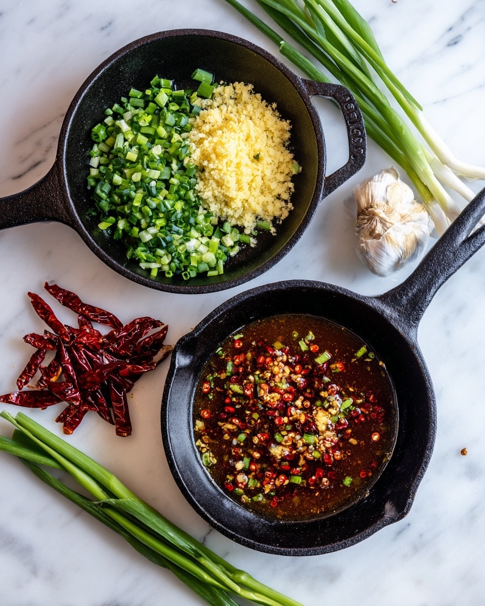 A white bowl filled with a layer of white cooked rice at the bottom, topped with several pieces of brown glazed meat that look tender and shiny. Scattered on top of the meat are bright green chopped scallions and whole dried red chili peppers. Small white sesame seeds are sprinkled over everything, adding texture and contrast. The bowl sits on a white marbled surface with orange wooden chopsticks and a dark cloth napkin nearby. photo taken with an iphone --ar 4:5 --v 7