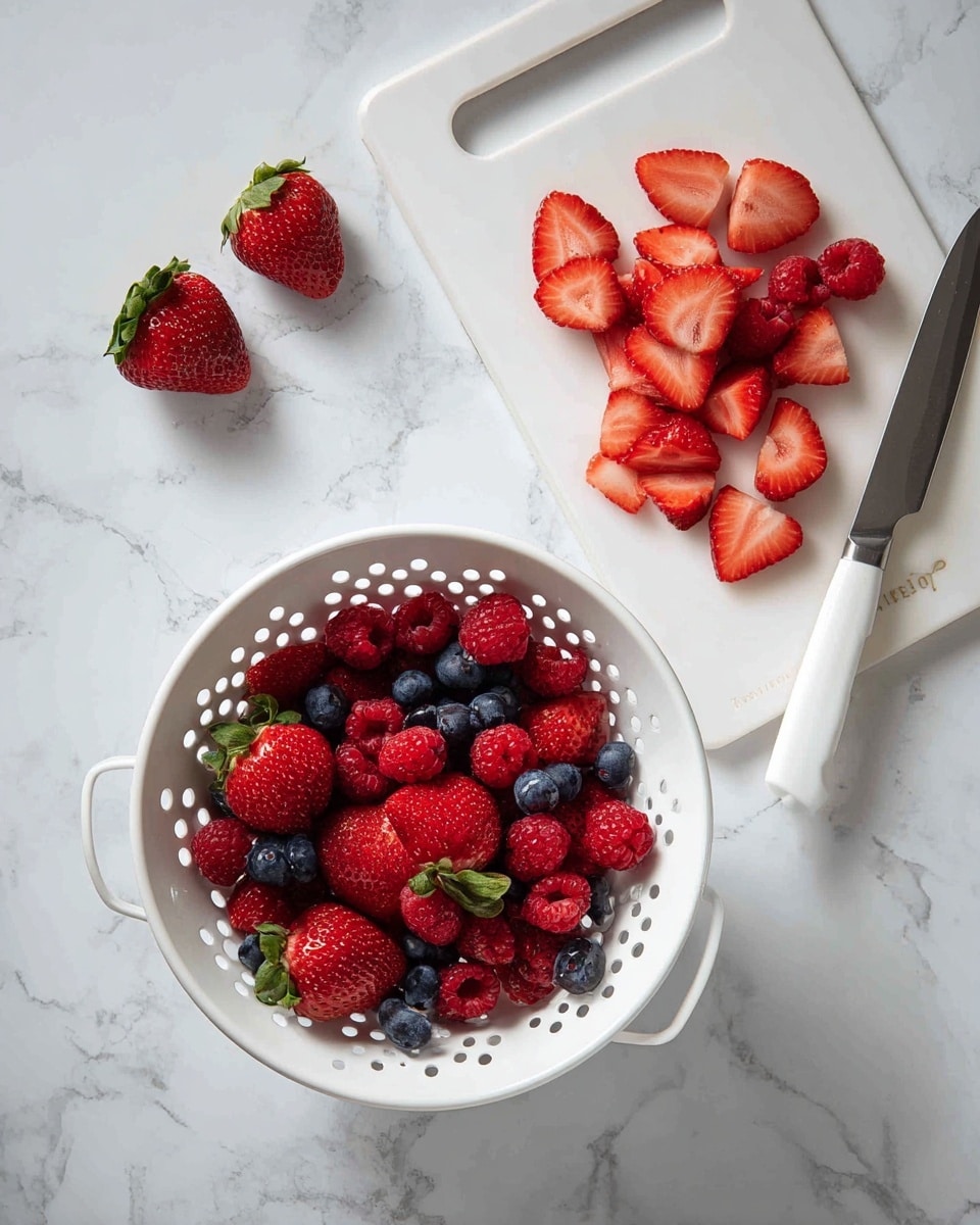 The image shows two parts: on the left, there are ingredients on a white marbled surface, including a clear glass bowl of yellow melted butter, a metal measuring cup with brown sugar, a metal cup with white flour, a metal cup with rolled oats, and a white container with thick white yogurt; on the right, a white square baking dish filled with a colorful mix of fresh berries like red strawberries, raspberries, and dark blueberries layered evenly, with a silver spoon inside the dish, and a white bowl containing brown granola below it, all placed on the same white marbled surface photo taken with an iphone --ar 4:5 --v 7