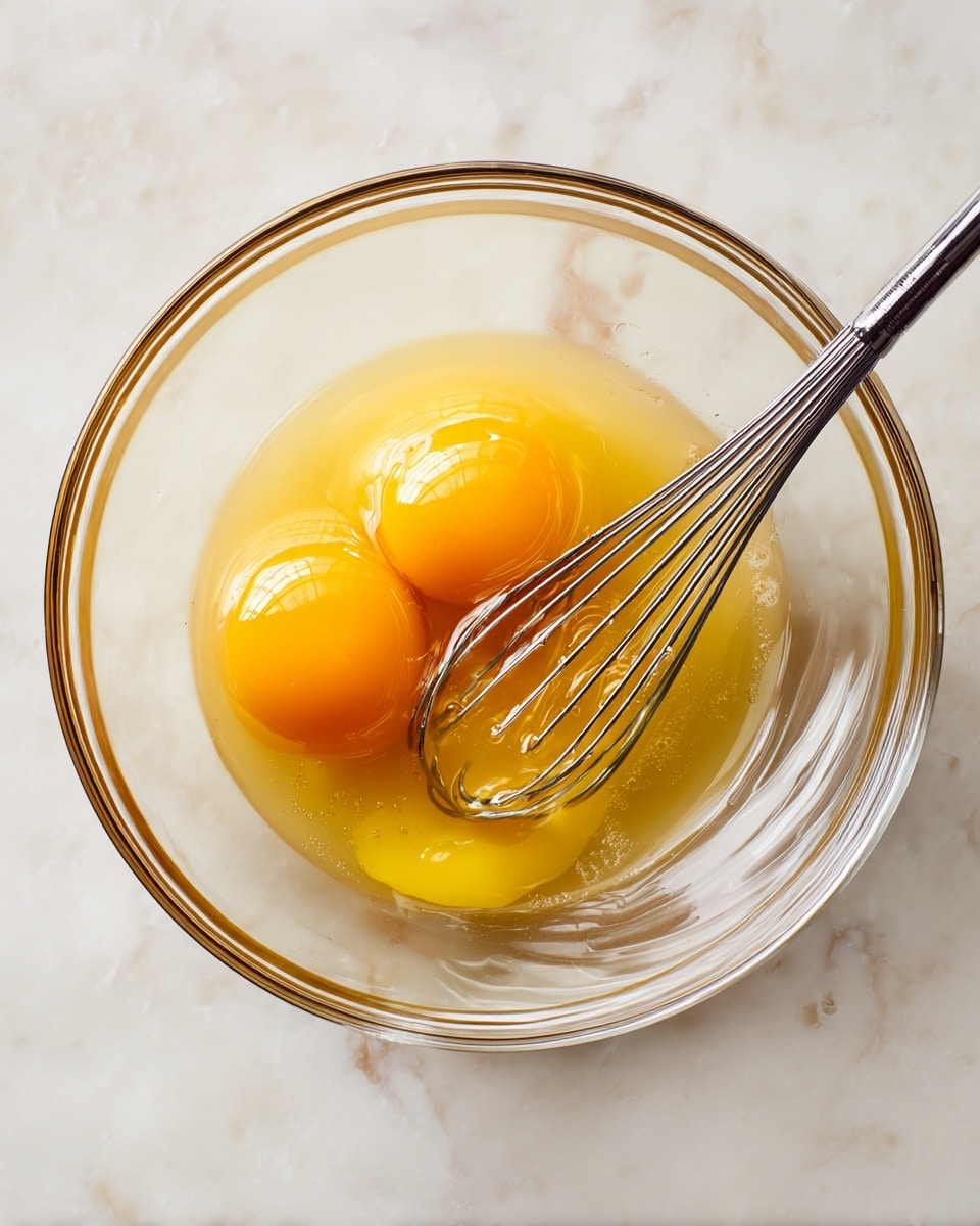 A clear glass bowl sits on a white marbled surface, holding two raw eggs with bright yellow yolks and transparent egg whites. A metal whisk rests inside the bowl, partially submerged in the eggs, slightly lifting some of the egg whites. The bowl's clear glass shows the smooth texture and shine of the eggs, and the scene has soft, natural lighting that highlights the freshness of the ingredients. photo taken with an iphone --ar 4:5 --v 7