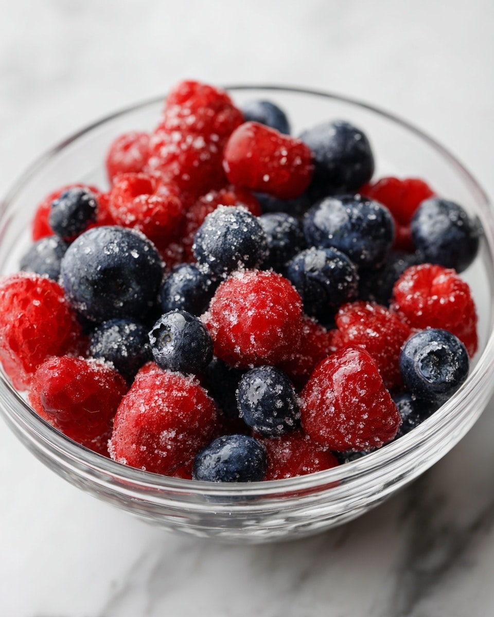 The dish shows fresh raspberries and blueberries in a clear glass bowl, mixed together with a sprinkle of brown sugar on top, creating a contrast of bright red and deep blue colors with a slightly grainy texture from the sugar. The berries are glossy and plump, filling the bowl up about halfway. The setting is a white marbled surface that adds a clean, soft background to the vibrant colors of the fruit. The photo is taken with an iphone --ar 4:5 --v 7