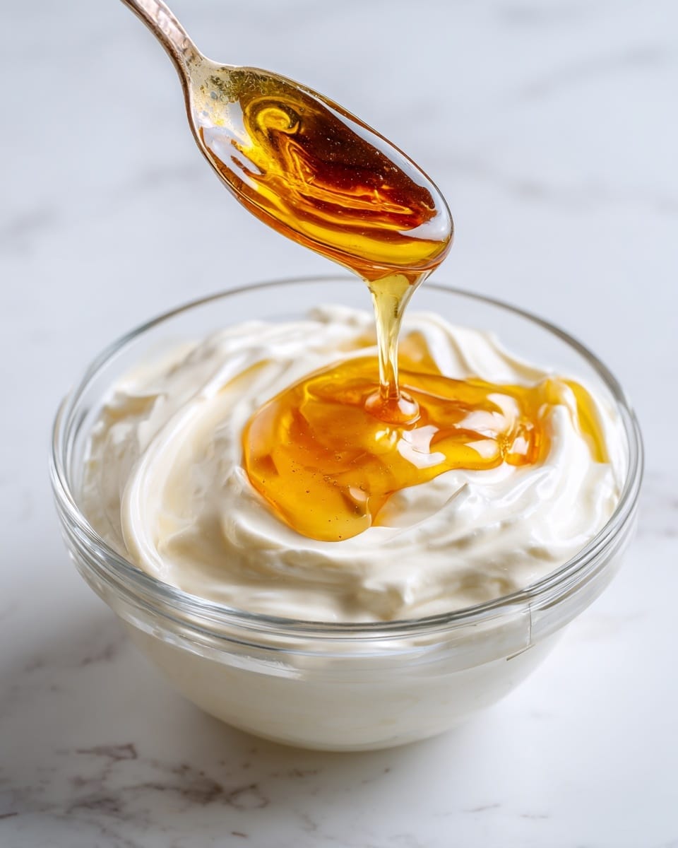 The image shows a clear glass bowl on a white marbled surface filled with a thick, creamy white layer of yogurt. A golden amber honey is being poured over the yogurt, creating shiny, smooth swirls and pools on the surface. A spoon rests inside the bowl, partially covered by the yogurt and honey mix, highlighting the creamy texture and flowing honey. photo taken with an iphone --ar 4:5 --v 7