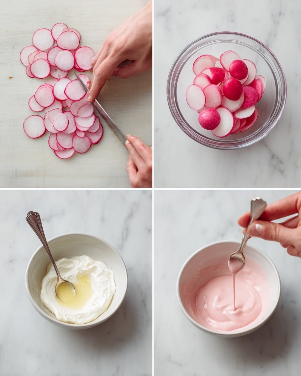 The image shows four steps: top left is thin, round slices of radish in light pink and white colors, a woman's hand holding a knife slicing a radish against a wooden board background replaced with white marble texture; top right is a small clear glass bowl filled with thin radish slices soaked in liquid with a silver spoon beside it, on white marble surface; bottom left is a white bowl containing thick white mayonnaise, bright red sauce, and a yellowish liquid all sitting on white marble; bottom right is the same white bowl now filled with creamy light pink sauce being mixed with a silver spoon dripping sauce back into the bowl, all on white marble surface photo taken with an iphone --ar 4:5 --v 7