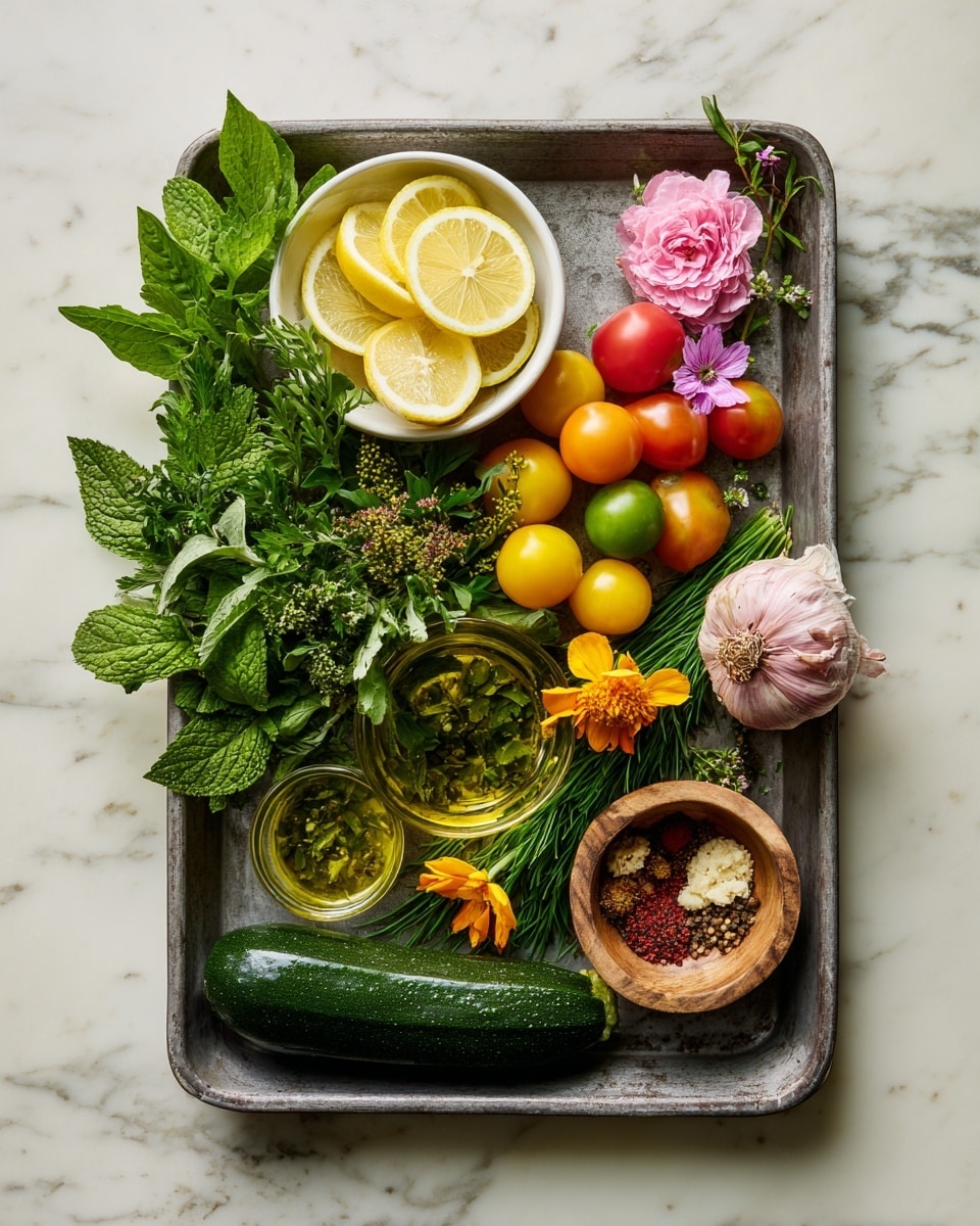 A metal tray holds a colorful collection of fresh ingredients arranged in neat groups: in the top left, a white bowl contains three lemon slices and a small pink flower; next to it, a cluster of yellow and red cherry tomatoes creates a mix of bright colors; below them, green leafy herbs like parsley, chives, and basil are spread out with a few small orange and yellow flowers placed among them; a pale pink shallot rests near the center right; a small round wooden bowl on the bottom right contains four garlic cloves and different red spices; next to it on the top right is a small glass jar filled with golden olive oil; at the bottom lies a large dark green zucchini; all items are on a white marbled surface; photo taken with an iphone --ar 4:5 --v 7