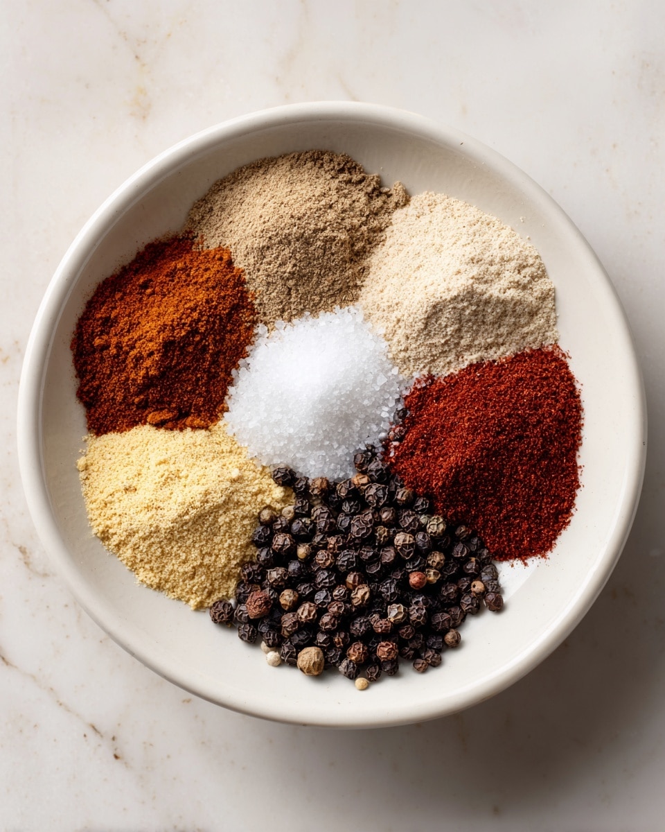 Inside a white bowl, eight different spices are arranged side by side in small piles. The top left pile is a light brown powder with a rough texture, next to it on the right is a pale beige powder. Moving clockwise, there is a rusty red spice, then a bright white coarse salt. Below the salt is a light brown powder, next to it on the left is a pale yellow powder with a grainy texture. Above that is a dark reddish-brown powder, and in the center bottom, a pile of cracked black peppercorns. The bowl is set on a white marbled surface. Photo taken with an iphone --ar 4:5 --v 7