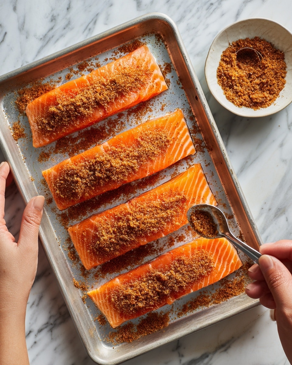 Four thick pieces of fresh salmon with bright orange flesh and visible white lines are placed on a metal baking tray. The front two salmon pieces are being seasoned with a coarse brown spice mix, which is falling in small piles on top, creating a rough textured layer. A woman's hand holds a small white bowl with more of the spice mix, while another woman's hand uses a silver spoon to sprinkle the seasoning evenly. The scene is set on a white marbled surface. Photo taken with an iphone --ar 4:5 --v 7