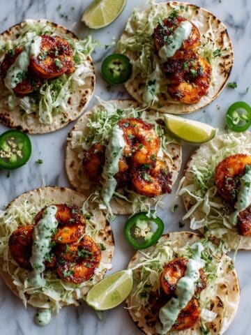 Shrimp Tacos with Creamy Cilantro-Lime Sauce and Cabbage Slaw Recipe