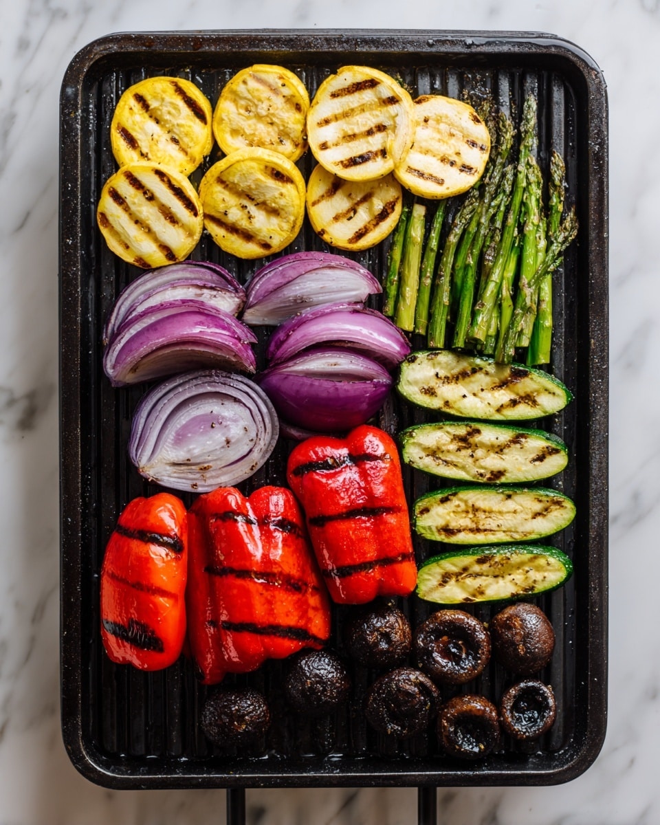 The image shows a grill with a colorful mix of grilled vegetables arranged in rows. At the top, there are round slices of yellow squash with light brown grill marks. Below that, thick rings of purple onion show charred lines, each having a slightly translucent texture. In the middle, three large, bright red bell pepper pieces with deep black grill spots are placed vertically, showing a shiny and soft texture. To the right, there are a few pieces of green asparagus spears, slightly charred, alongside round slices of green zucchini with grill marks. At the bottom right corner, dark brown grilled mushrooms with a rough texture complete the scene. The grill bars beneath the vegetables have a black, matte texture while the whole scene is set against a white marbled surface. Photo taken with an iphone --ar 4:5 --v 7