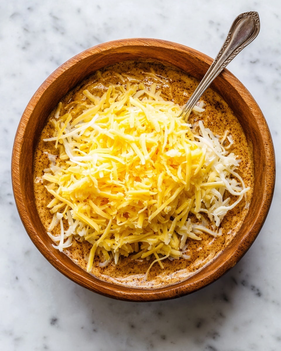 A wooden bowl filled with a mixture that looks creamy and brown, topped with a generous pile of shredded yellow and white cheese. A silver spoon is placed inside the bowl, resting on the creamy mixture. The bowl is on a white marbled texture surface. Photo taken with an iphone --ar 4:5 --v 7