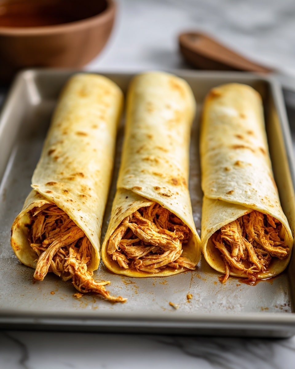 A close-up of a metal baking tray with a row of three rolled tortillas stuffed with shredded light brown chicken meat, two fully rolled at the back and one open tortilla at the front with the same filling laid out in the center. The tray is set on a white marbled surface, with a blurred brown bowl partially visible in the foreground. The overall colors show warm yellows and browns from the tortillas and chicken, contrasting with the cool gray of the metal tray and white marbled background. Photo taken with an iphone --ar 4:5 --v 7
