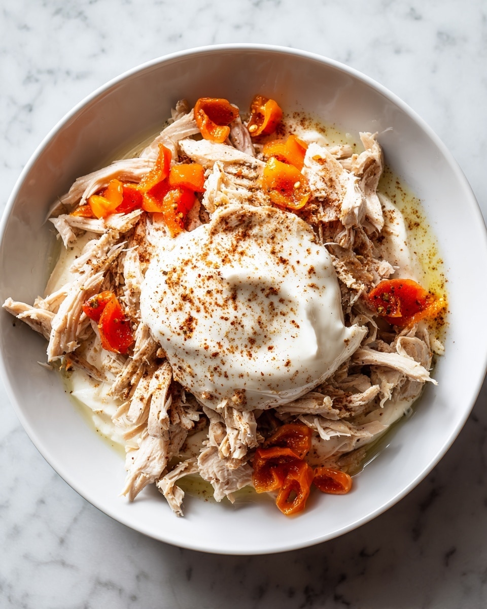 A white bowl sits on a white marbled surface filled with shredded white and light brown cooked chicken as the base layer. On top of the chicken, there is a dollop of thick white sauce placed slightly off center. Surrounding the sauce, there are scattered reddish-orange small pieces that look like sliced cooked carrots or peppers. A light brown powdered spice is sprinkled gently over the white sauce and some of the chicken. The overall presentation is simple and natural, showcasing the textures of the shredded chicken and various toppings. photo taken with an iphone --ar 4:5 --v 7
