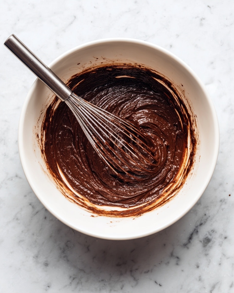 A white bowl filled with dark brown thick chocolate batter with a slightly sticky texture. A metal whisk is inside the bowl, coated partially with the chocolate batter, as if it has just mixed the ingredients. The batter appears smooth with some streaks and folds showing motion from stirring. The bowl is set on a white marbled surface that adds a clean, bright background to the scene. The photo is closely framed, focusing mainly on the mixing action and the texture of the batter. photo taken with an iphone --ar 4:5 --v 7