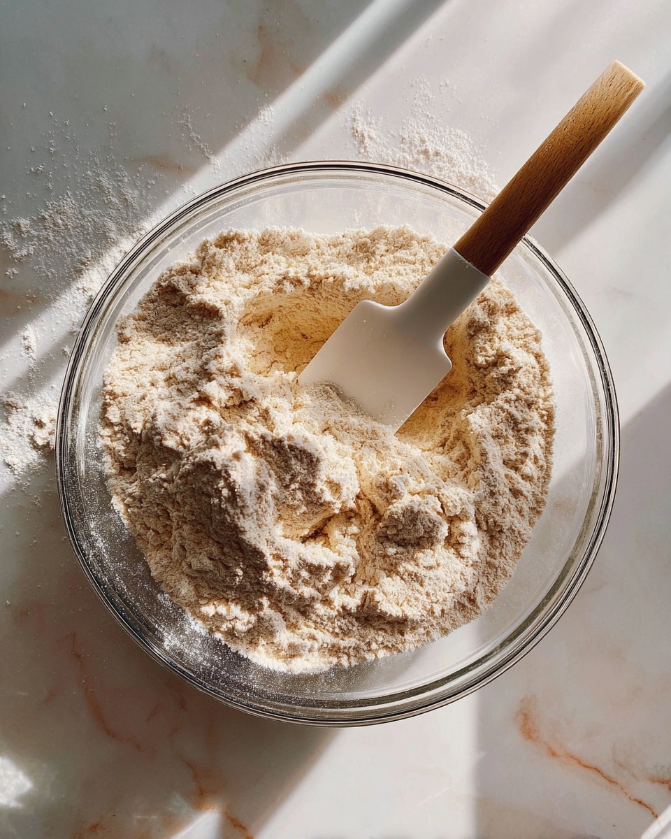 A clear glass bowl filled with light beige flour mixture that has a powdery texture. A white spatula with a wooden handle is resting inside the bowl, partially covered with flour. The bowl is placed on a white marbled surface, and bright sunlight softly lights the scene. photo taken with an iphone --ar 4:5 --v 7