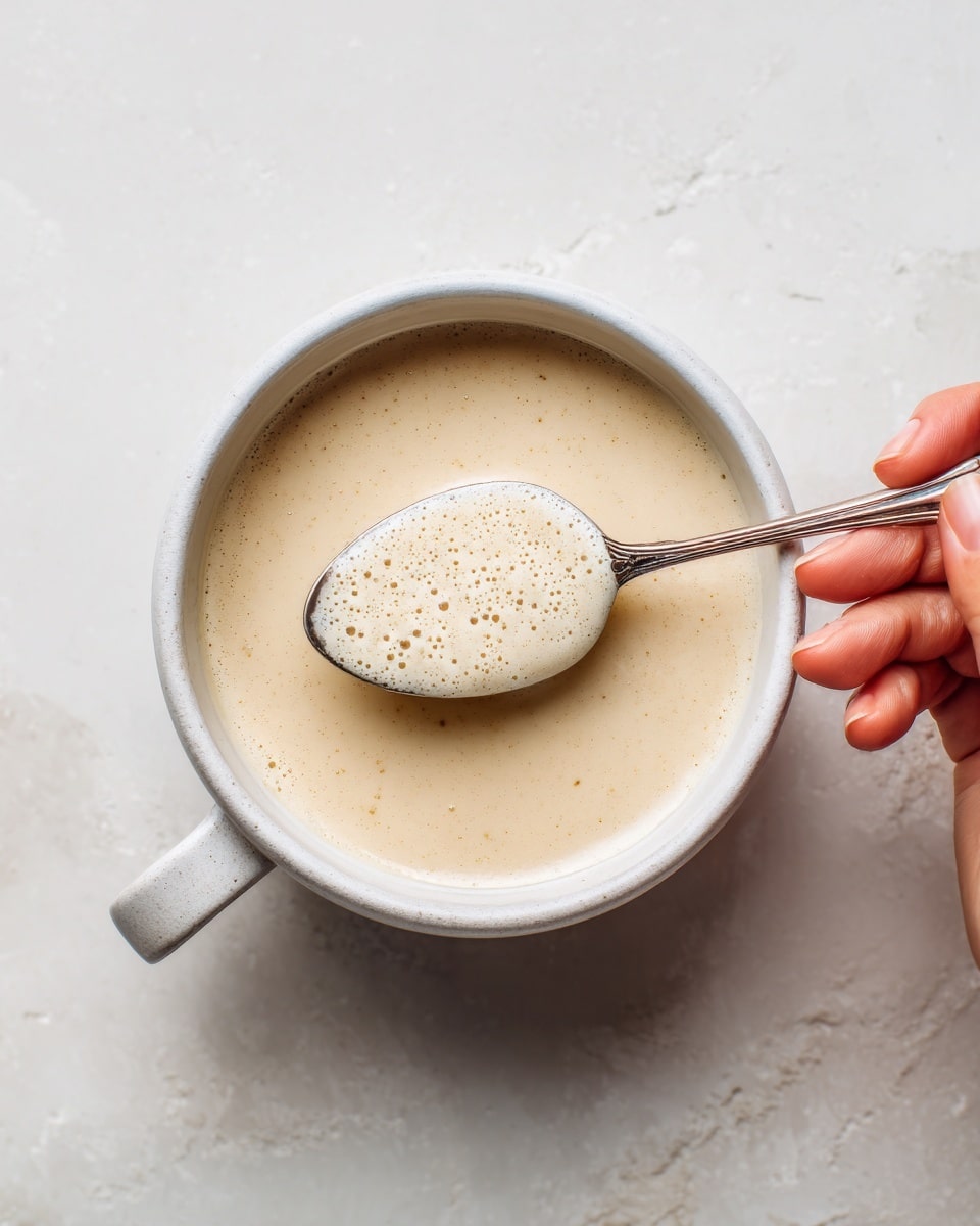 A white bowl filled with a smooth, light beige creamy soup, almost filling the bowl to the top, sits on a white marbled surface. A woman's hand holds a silver spoon above the bowl, with some soup resting on the spoon, showing the thick but smooth texture. Small bubbles and foam lightly dot the surface of the soup, adding a bit of texture. The overall scene is bright with soft lighting, highlighting the creamy surface of the soup. photo taken with an iphone --ar 4:5 --v 7
