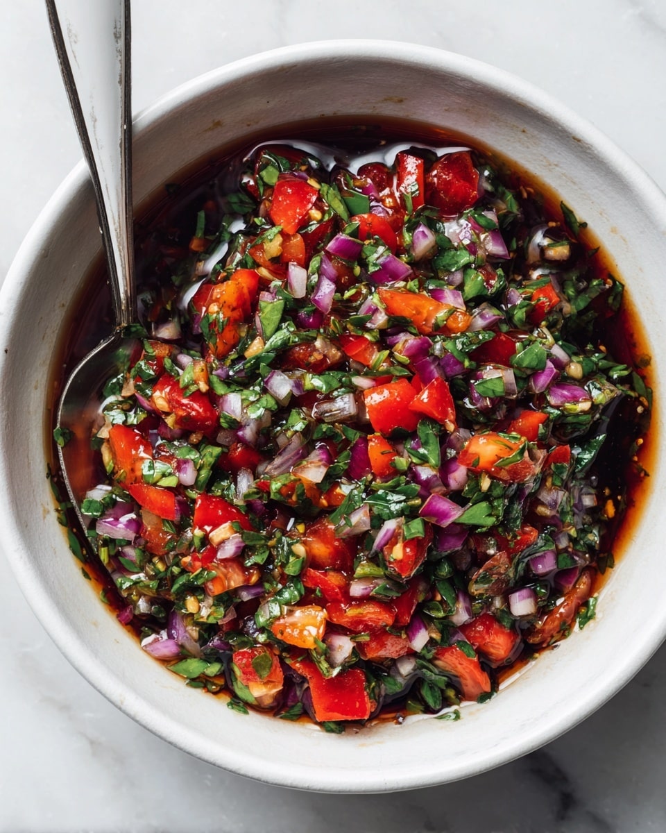 A close-up view of a white bowl filled with a colorful mix of chopped vegetables and herbs, including bright red tomatoes, finely chopped purple onions, and vibrant green basil scattered on top. The ingredients sit in a dark, glossy dressing that coats the bottom and sides of the bowl. A silver spoon with a white handle rests inside, partially covered by the mixture. The bowl is placed on a white marbled surface, and the overall texture shows freshness and a mix of juicy and leafy elements. photo taken with an iphone --ar 4:5 --v 7