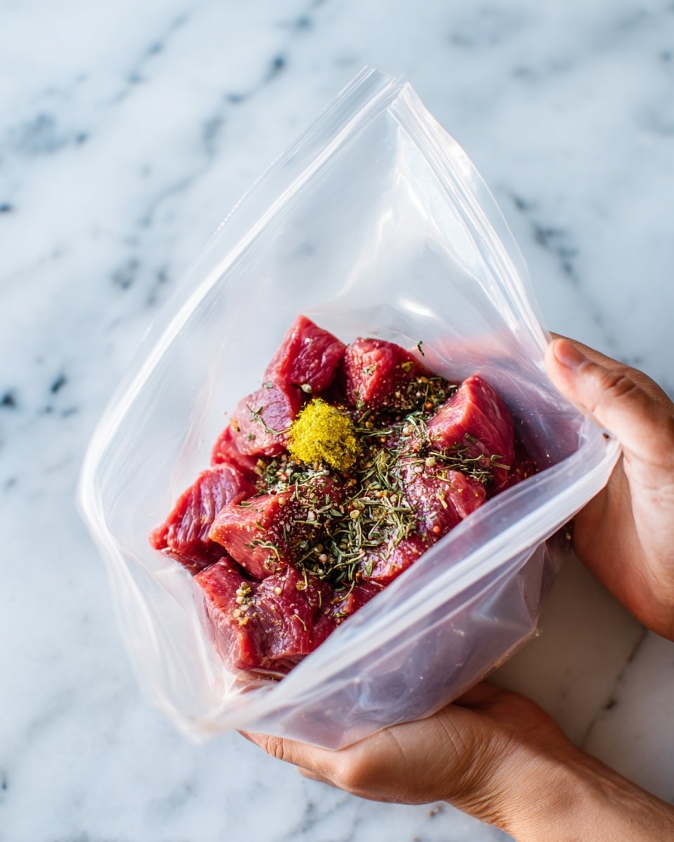 Inside a plastic zipper bag, there are chunks of red raw meat mixed with a large dollop of yellow mustard, dark ground black pepper, and mixed dried herbs on top. The bag is held open by a woman's hand on each side, and the background is a white marbled texture. Steam or smoke is faintly rising from the bag. photo taken with an iphone --ar 4:5 --v 7