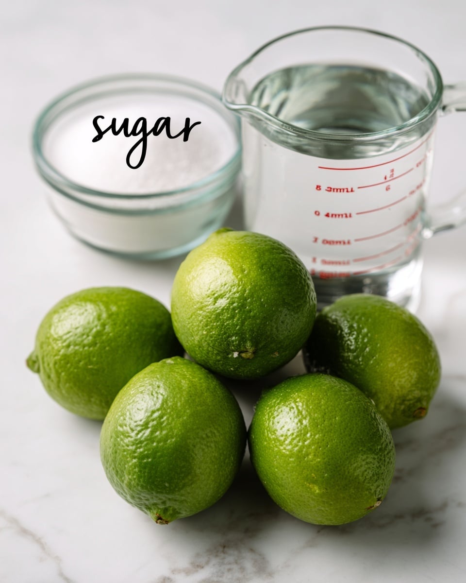 The image shows six fresh green limes arranged in a group on a white marbled surface in the front. Behind the limes, there is a clear container filled with white sugar, labeled