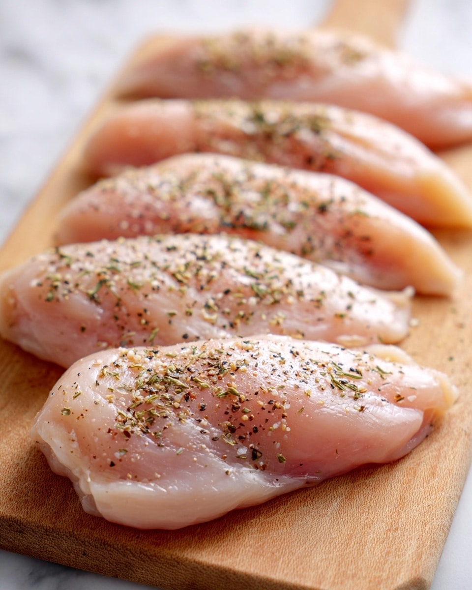 The image shows six raw chicken fillets lined up on a light brown cutting board. Each fillet is pale pink with some white fat visible around the edges. There is a light sprinkling of black pepper and dry herbs evenly spread across the top surfaces of the fillets. The background and surface are a white marbled texture, bright and clean. The focus is close-up, capturing the texture of the chicken and the spices clearly. photo taken with an iphone --ar 4:5 --v 7