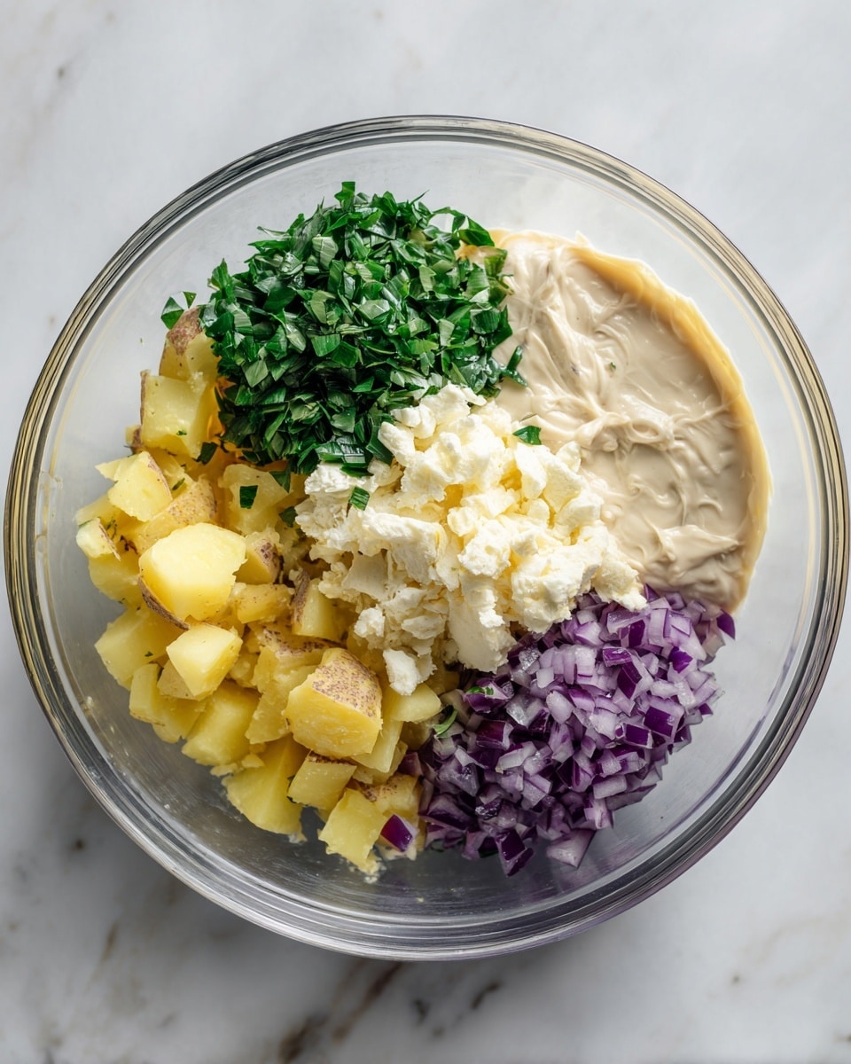 A clear glass bowl sits on a white marbled surface, filled with five distinct layers. The bottom left layer shows chopped yellow potatoes with their skin on, rough in texture. Next to the potatoes, at bottom right, is a small pile of chopped purple onion with a crisp texture. Above the onions is a creamy light beige sauce, smooth and thick, spreading across the right side of the bowl. Centered on top of the potatoes and sauce is a heap of finely chopped hard-boiled egg whites, bright white and crumbly. At the top of the bowl is a small bunch of fresh green chopped herbs, fresh and leafy, adding color contrast. photo taken with an iphone --ar 4:5 --v 7