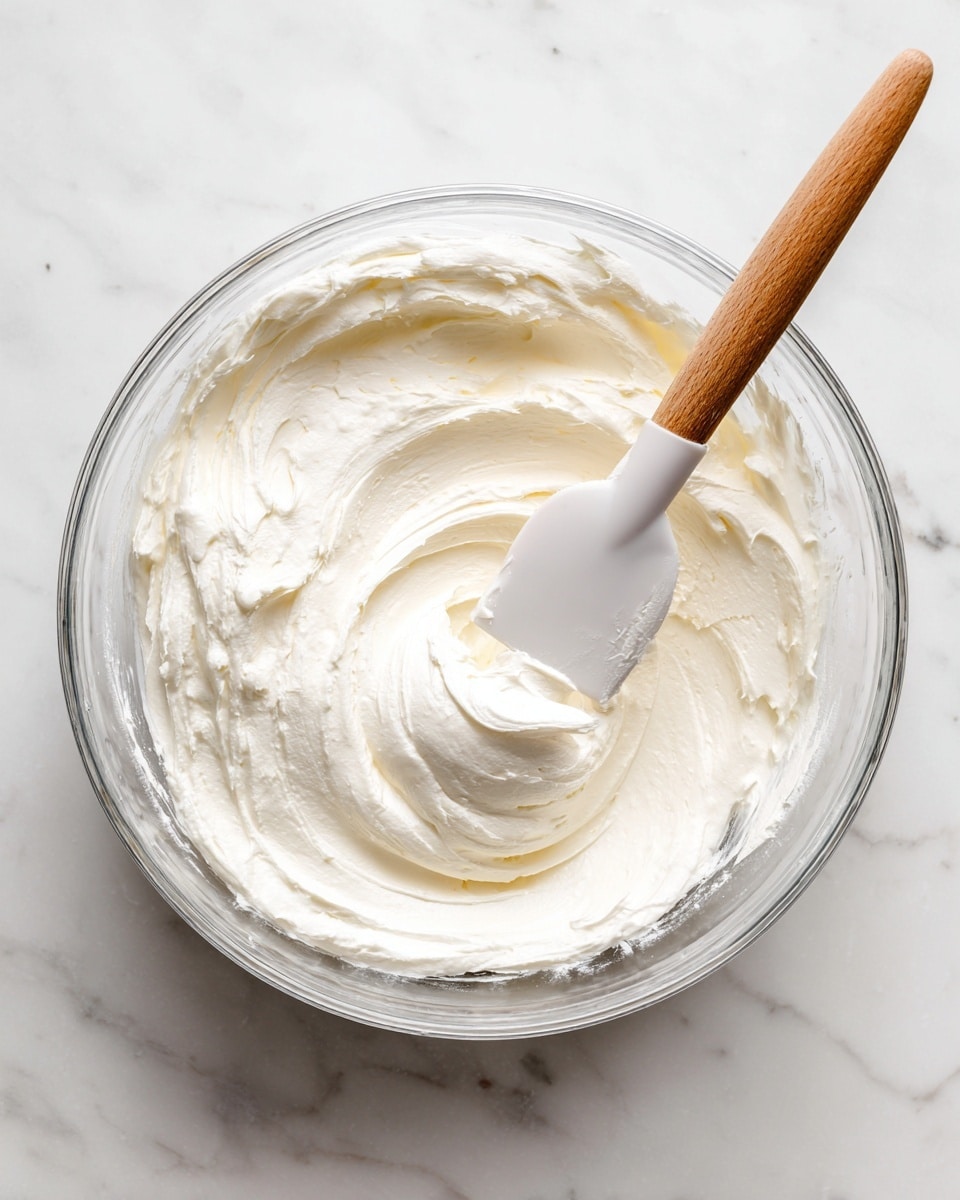 A clear glass bowl filled with a thick, creamy white mixture with a smooth, slightly fluffy texture. Inside the bowl, a spatula with a white silicone head and a wooden handle is partially submerged in the cream, resting against the side. The bowl is placed on a white marbled surface that adds a soft, clean background to the scene. photo taken with an iphone --ar 4:5 --v 7