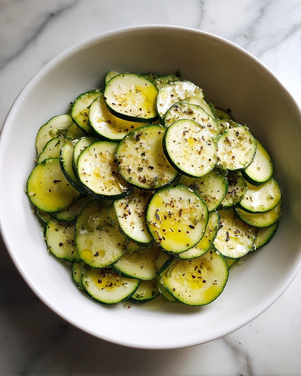 A white bowl filled with two layers of evenly sliced green zucchini rounds. The top layer has a light sprinkle of black pepper and a small amount of fine white powder seasoning, with a drizzle of yellow olive oil shining on some slices. The bowl sits on a white marbled surface. photo taken with an iphone --ar 4:5 --v 7
