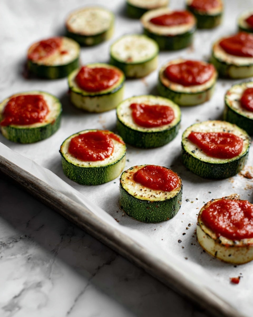 The image shows many round zucchini slices spread out on white baking paper on a baking tray. Each zucchini slice has a green outer edge with a pale green center, topped with a smooth layer of bright red sauce, evenly spread across the surface. The tray itself sits on a white marbled surface with some small blackened crumbs scattered around. The scene is bright and clear, capturing the fresh colors and textures of the zucchini and sauce. photo taken with an iphone --ar 4:5 --v 7