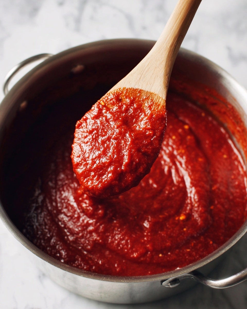 A close-up image of a glass jar filled with thick, reddish-brown sauce, with a silver spoon lifting some sauce out of the jar. The sauce has a smooth texture with a few visible small lumps. The jar is positioned on a white marbled surface. The photo is bright and sharp, showing the shiny surface of the sauce and spoon. photo taken with an iphone --ar 4:5 --v 7