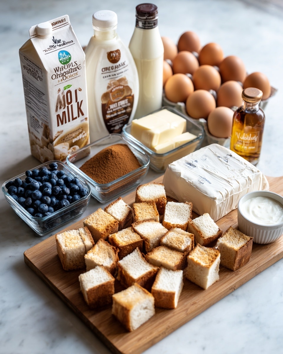 The image shows a white marbled surface with several ingredients arranged neatly. In the front, there is a wooden board filled with many small cubes of white bread with brown crusts. Behind the board, to the right, there is a carton with brown eggs. To the left of the eggs, a white wrapped block of cream cheese is placed. Near the eggs and cream cheese, there is a small container of ground cinnamon. To the left of the cinnamon, a tall carton of A2 Organic Whole Milk stands upright. Behind the carton, a bottle of Wellesley organic maple syrup is positioned. On the far left, a clear rectangular container filled with fresh blueberries is visible, and next to it, a bottle of vanilla extract is standing. photo taken with an iphone --ar 4:5 --v 7