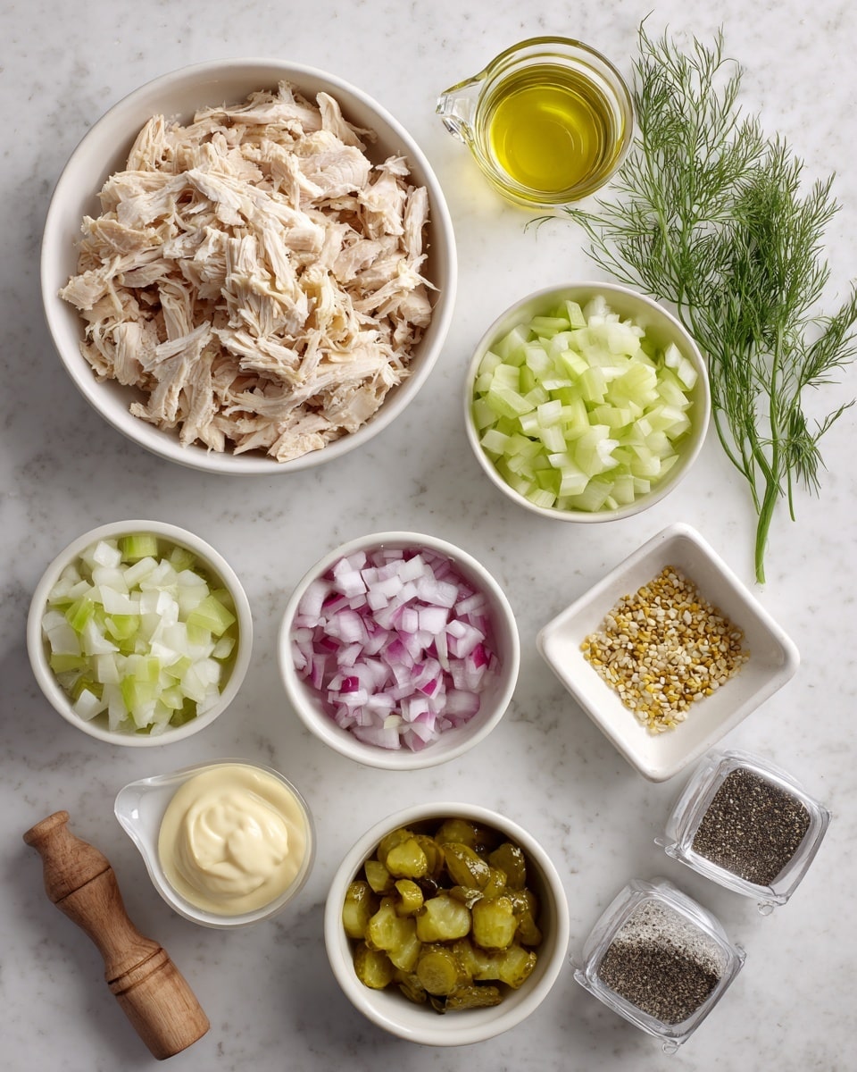 The image shows several white bowls and small containers arranged on a white marbled surface, each holding different ingredients for a recipe. There is one large white bowl on the left filled with shredded cooked chicken, showing light brown and white pieces. Surrounding this bowl are smaller white bowls containing diced pale green celery, chopped red onions with white sections, and diced pickles in yellow-green shades. In the bottom center, there is a white measuring cup with a creamy white ingredient, possibly sour cream, and next to it is a wooden measuring cup filled with a pale yellow mayonnaise-like substance. At the top, there is a small glass cup holding a clear yellow liquid, likely oil, with a fresh bunch of green dill behind it. To the right, a small square white bowl contains a mix of yellow-brown mustard seeds, and beside it are two small black and clear spice containers labeled black pepper and kosher salt. All items stand out clearly on the clean white marbled surface. photo taken with an iphone --ar 4:5 --v 7