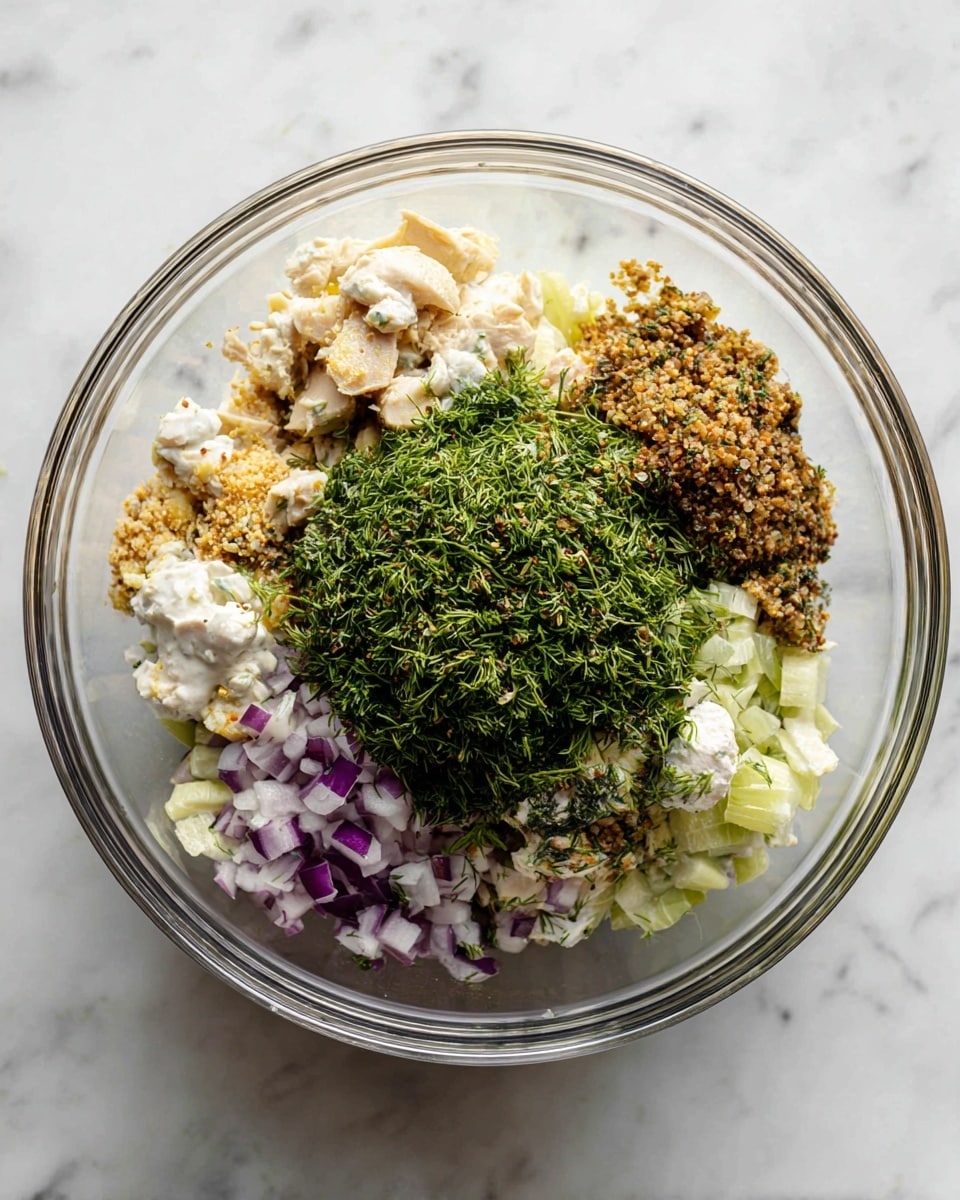 A clear glass bowl holds a mix of several layers: at the bottom there are small pieces of light beige chicken, next chopped pale yellow celery and purple onion, then dollops of white mayo and whole grain mustard in brown with visible mustard seeds. On the top, there is a thick pile of bright green chopped fresh dill covering the center. All the colors and textures are clearly visible through the glass bowl, sitting on a white marbled surface. photo taken with an iphone --ar 4:5 --v 7