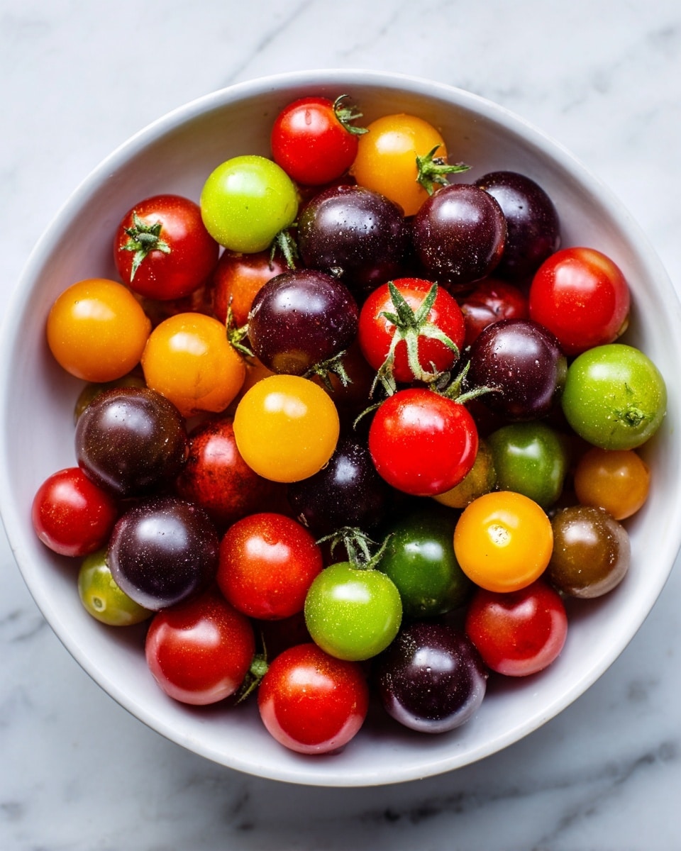 A white bowl filled with round cherry tomatoes of different colors including red, yellow, green, dark purple, and orange. The tomatoes have smooth, shiny skins with some stems still attached. They vary slightly in size and are piled up evenly in the bowl, which sits on a white marbled surface. Photo taken with an iphone --ar 4:5 --v 7